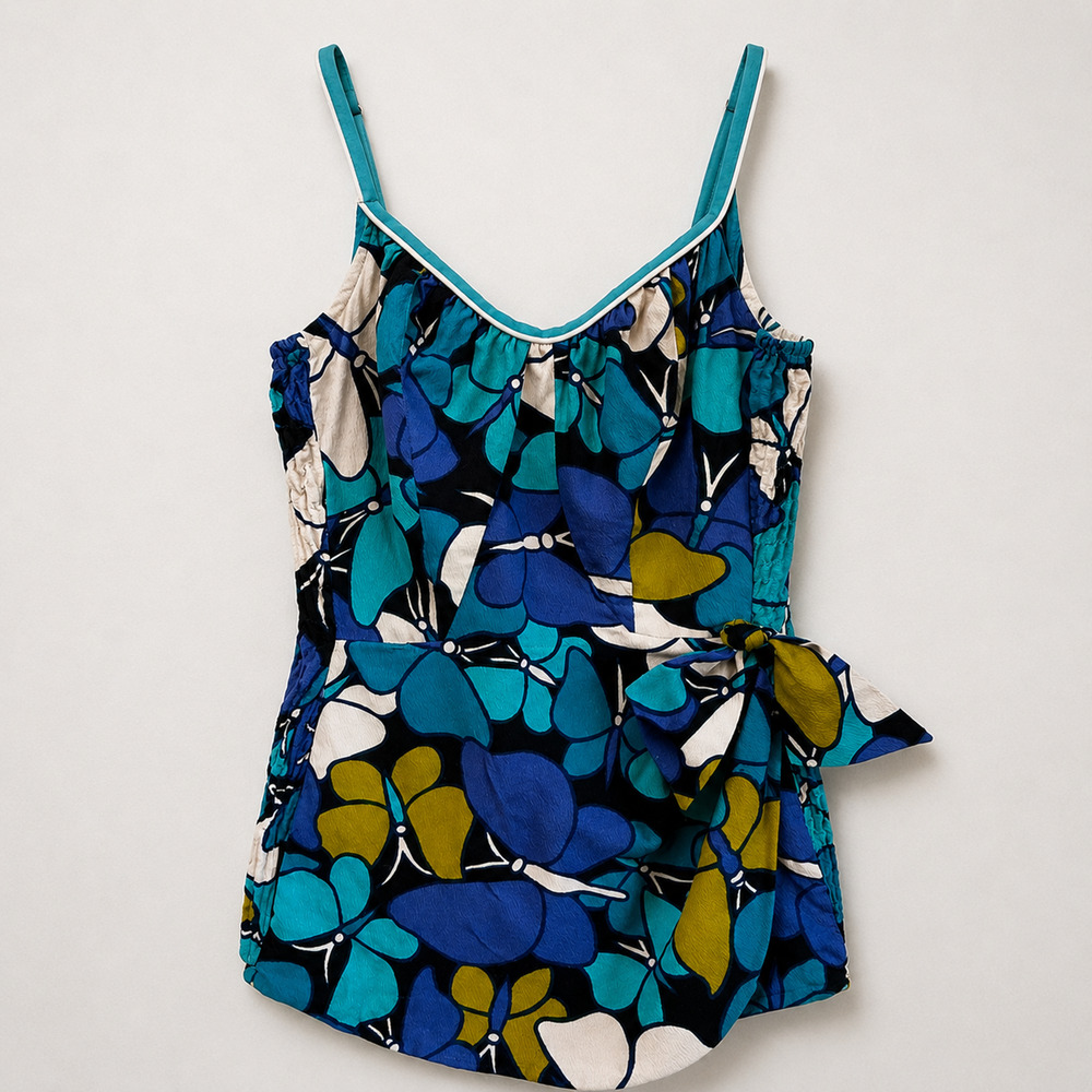 Vintage Mod Floral Swimsuit Romper Blue Aqua Side Tie Swim Dress Sm Mid Century